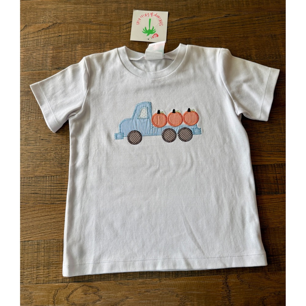 Shrimp & Grits Kids Boys White Pumpkin Truck Applique T-Shirt Size 5 New